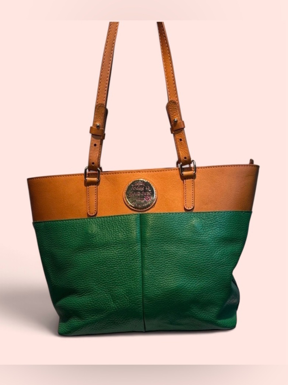 Valentina Green and Tan Two-Tone Leather Tote